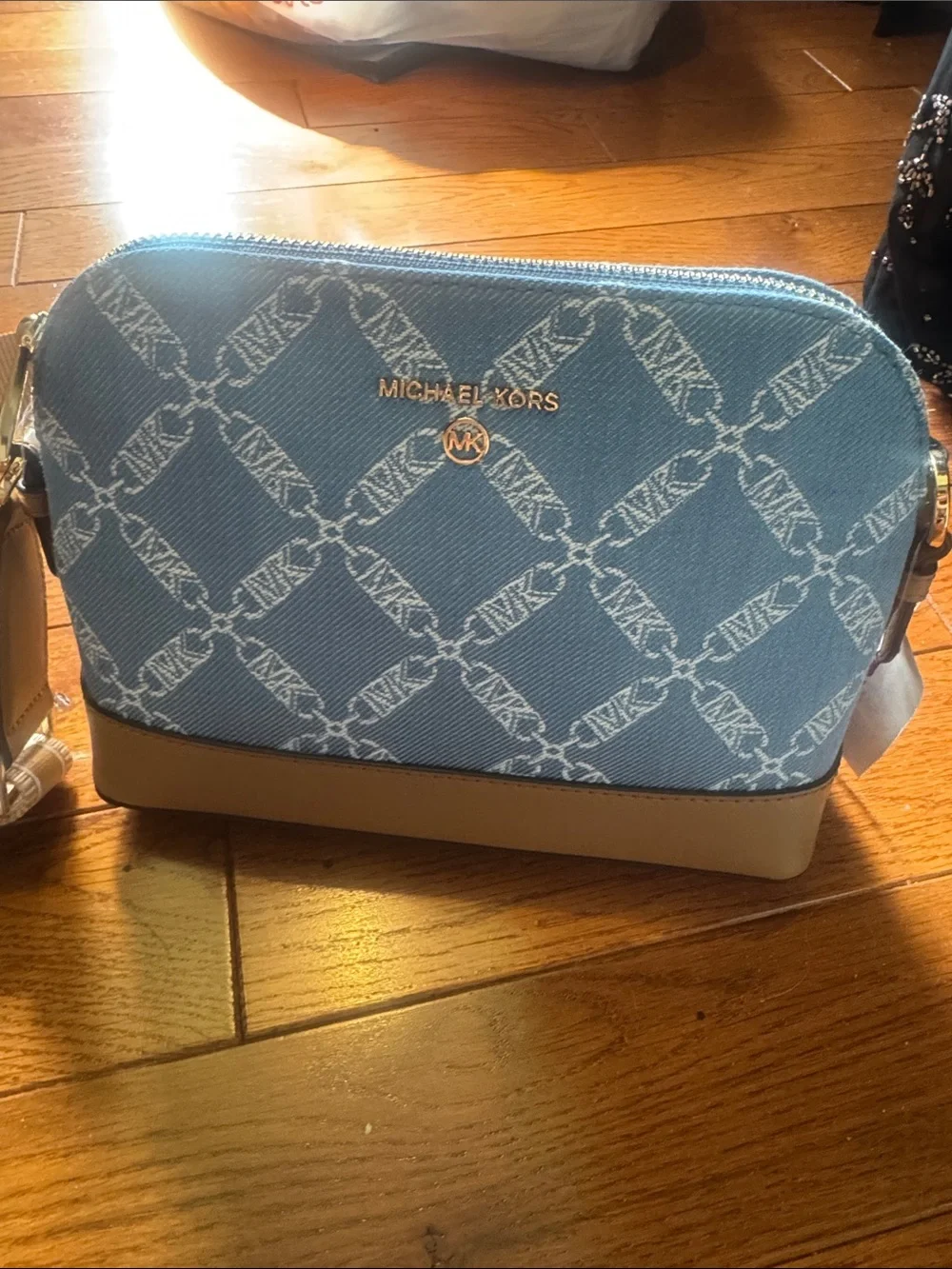 Michael Kors Blue Denim Logo Crossbody with Cream Base and Gold Accents